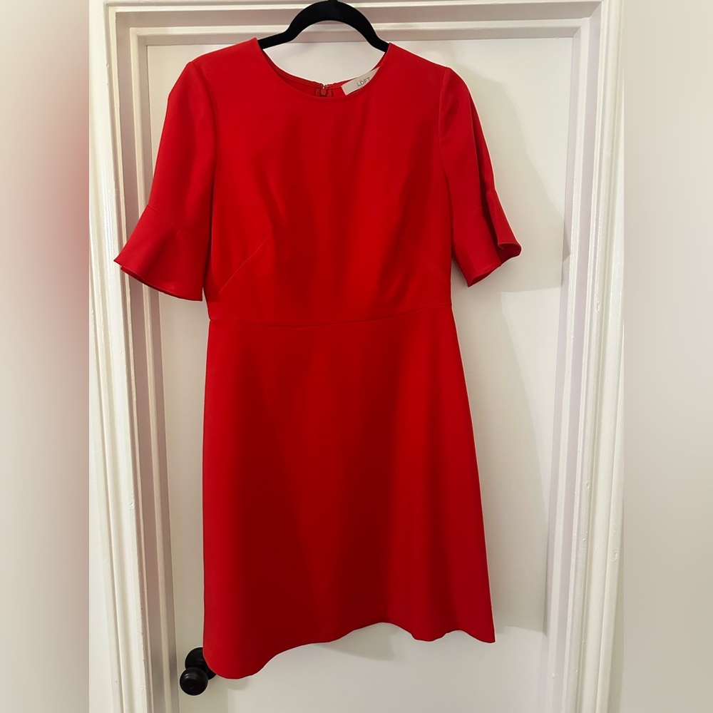 LOFT Red A-line Midi Dress with Sleeves